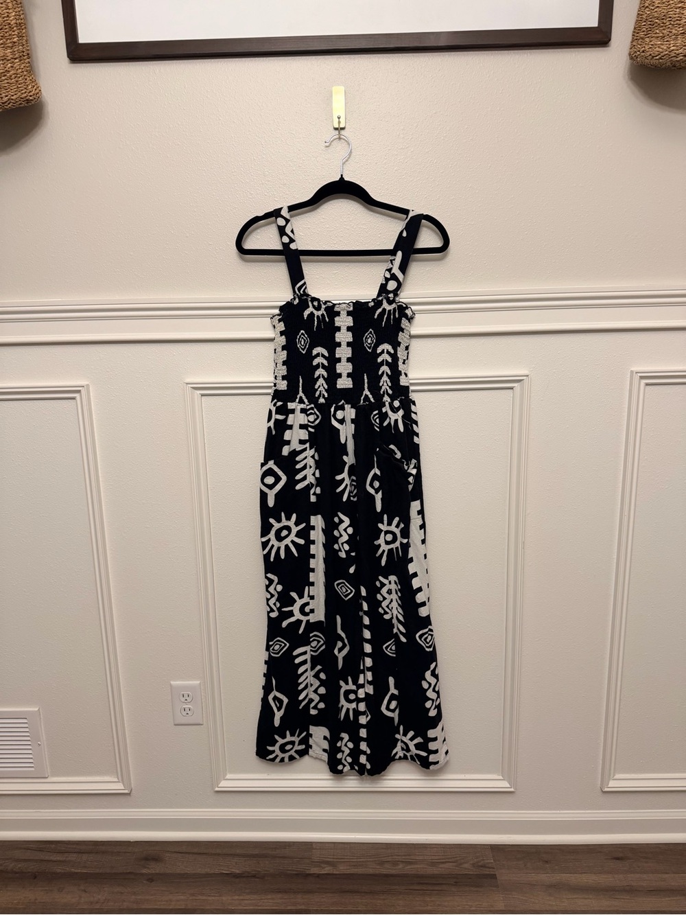 Black & White Tribal Maxi Jumpsuit with Wide Straps